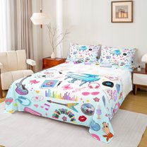 Manfei Colorful Guitar Full Size Sheets,Music Instruments Piano Bed Sheets,Pink Music Notes Sheet Sets For Girls,Microfiber Bedroom Decor,4-Piece