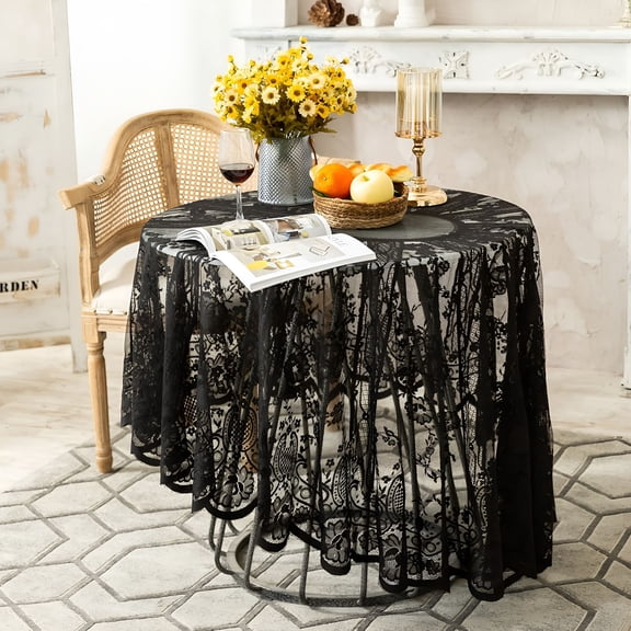 AUQ Round Lace Tablecloth,Vintage Floral Embroidered Table Cloths,Round Table Cover for Wedding Banquet Holiday Dinner Tables 60Inch (Black)