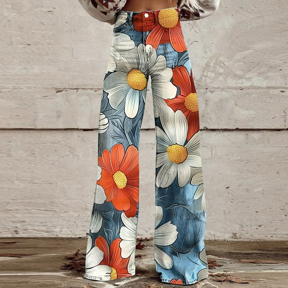 YanHoo Floral Printed Jeans for Women Wide Leg Baggy Jeans Y2K Mid Waist Distressed Vintage Straight Leg Denim Pants White,XXXL