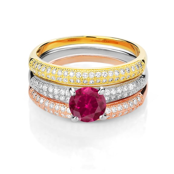 Gem Stone King 2.44 Ct Round Red Created Ruby 925 Sterling Silver Set of 3 Stacking Ring (Size 7)
