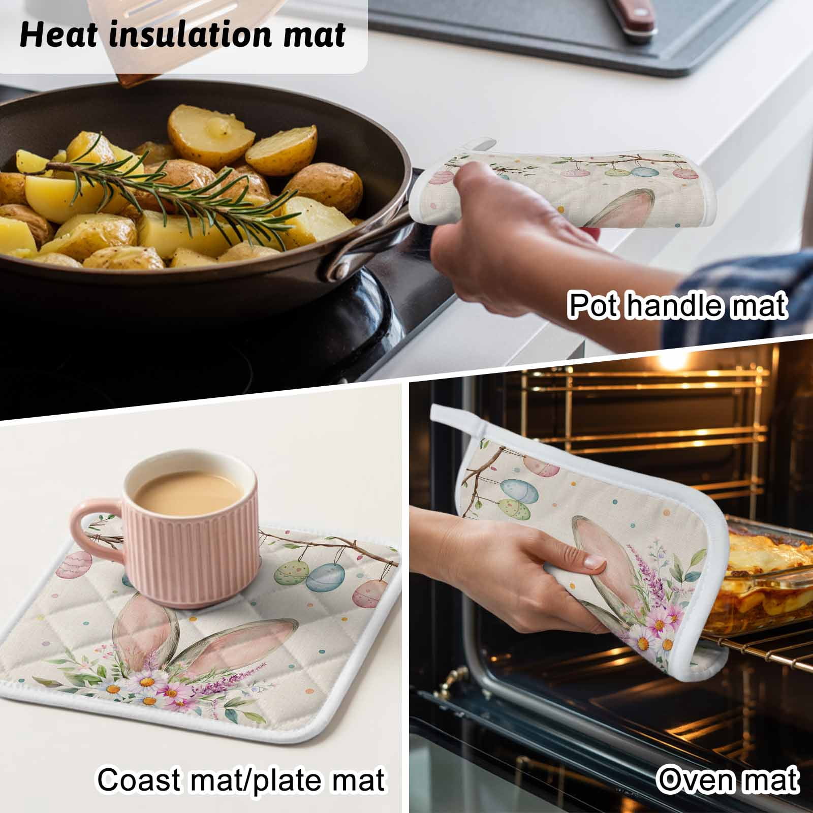 Spring Easter Pot Holders for Kitchen Heatproof Potholder, 3 Pack Bunny Ears Colorful Eggs Botanical Rustic Hot Pads Multipurpose Oven Pads Cloth Potholders Trivet for Cooking Baking