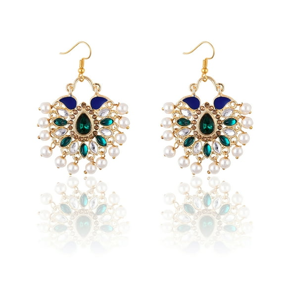 Moonstruck Traditional Indian Chandbali Kundan Hoop Earrings With Pearls for Women (Green & Blue)
