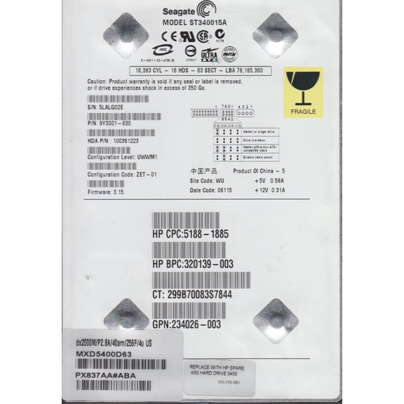 ST340015A, 5LA, WU, PN 9Y3001-630, FW 3.15, Seagate 40GB IDE 3.5 Hard Drive