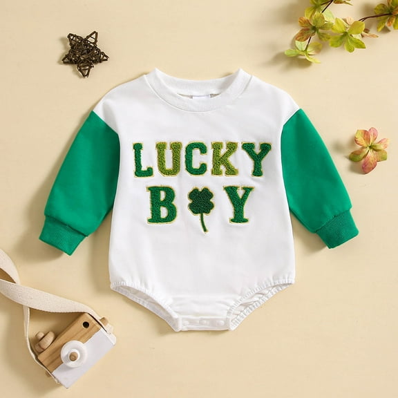 Saint Patricks Day Baby Girl Outfit Lucky Clover Funny Letter Print Long Sleeve Romper Oversized Bodyusuit Clothes for Boys 6-12 Months