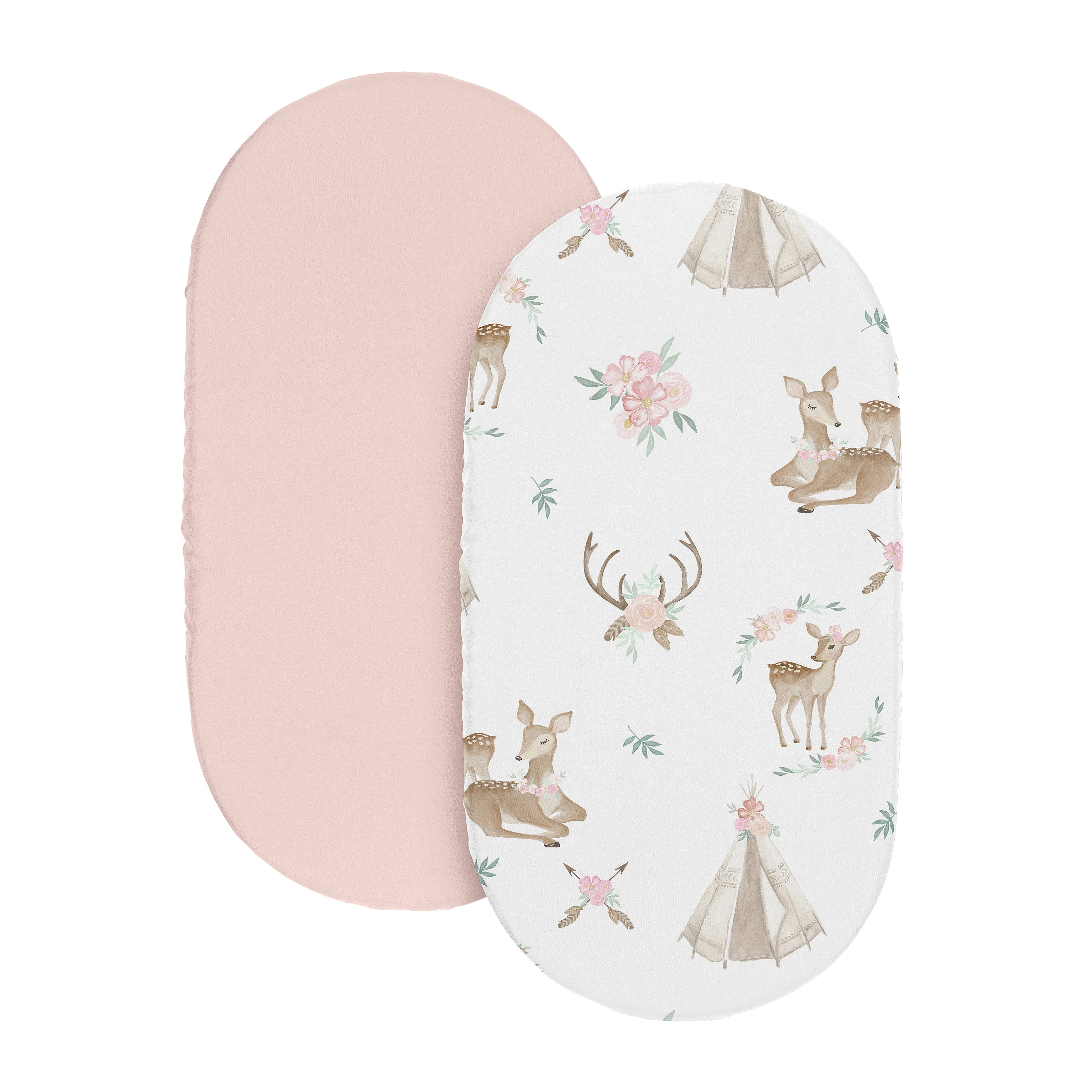 Sweet Jojo Designs Deer Floral Pink Taupe and White Baby Bassinet Fitted Sheets 2 Piece Set