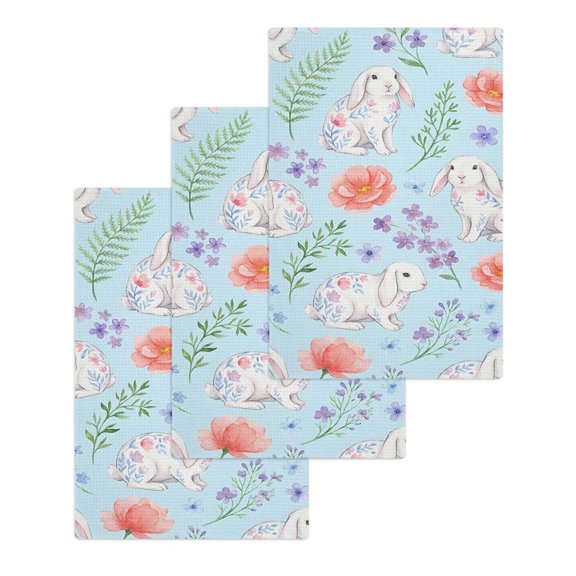 Rabbits Ferns Kitchen Dish Towels for Drying Dishes Set of 3, Purple Flowers Leaves Cottagecore Sky Blue Waffle Weave Microfiber Hand Tea Bathroom Towels Quick Dry & Absorbent Towel 15.7x23.6