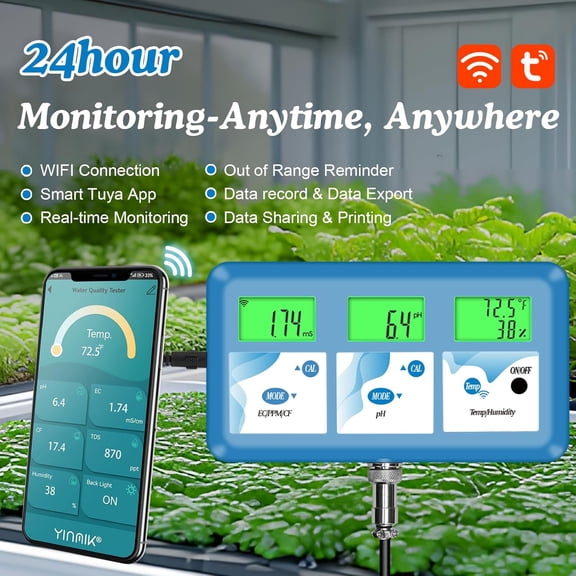 Hydroponic ppm pH Monitor, WiFi 6 in 1 pH EC Meter for Hydroponics Growing System