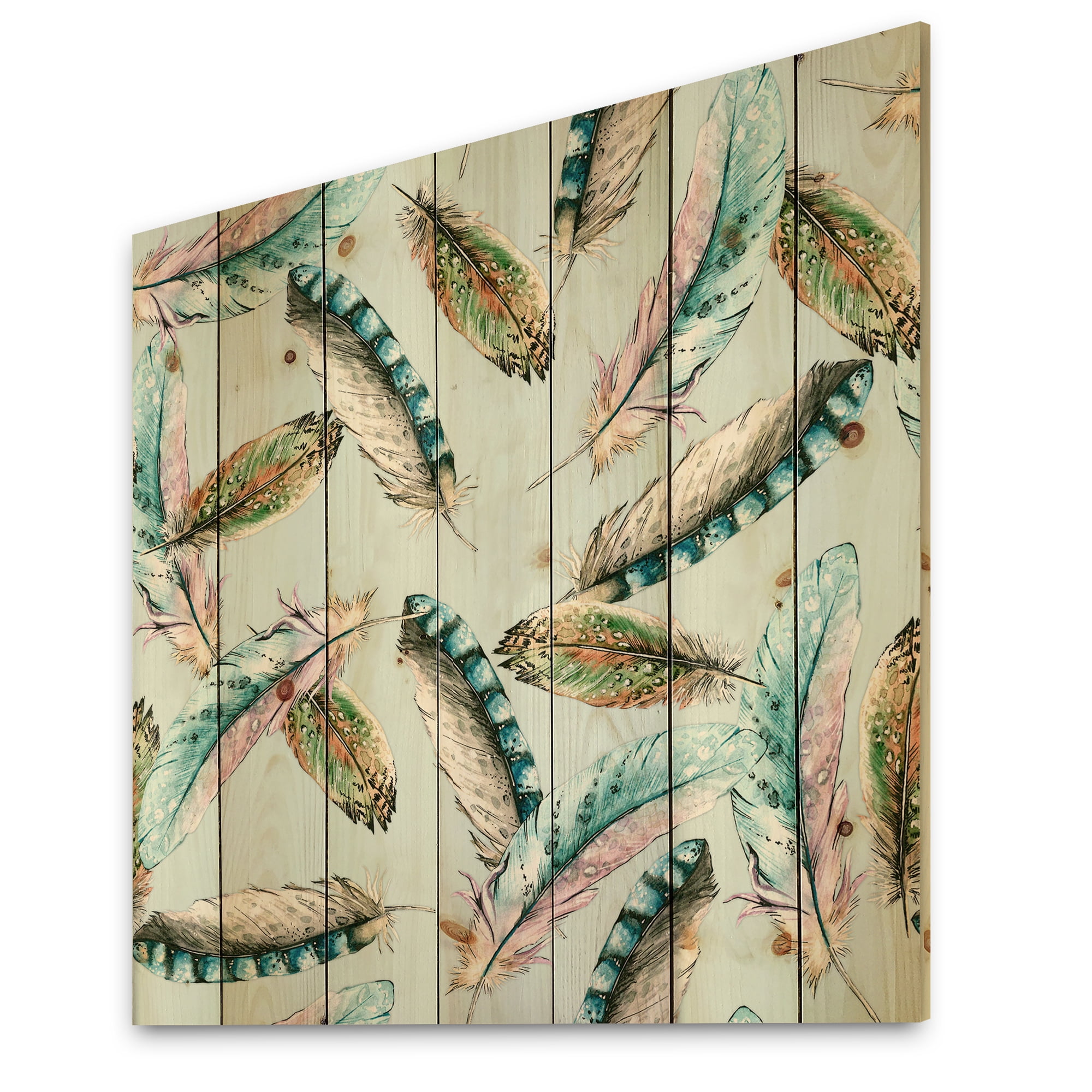 Designart 'Green Bird Feathers On Blue Background' Bohemian & Eclectic Print on Natural Pine Wood