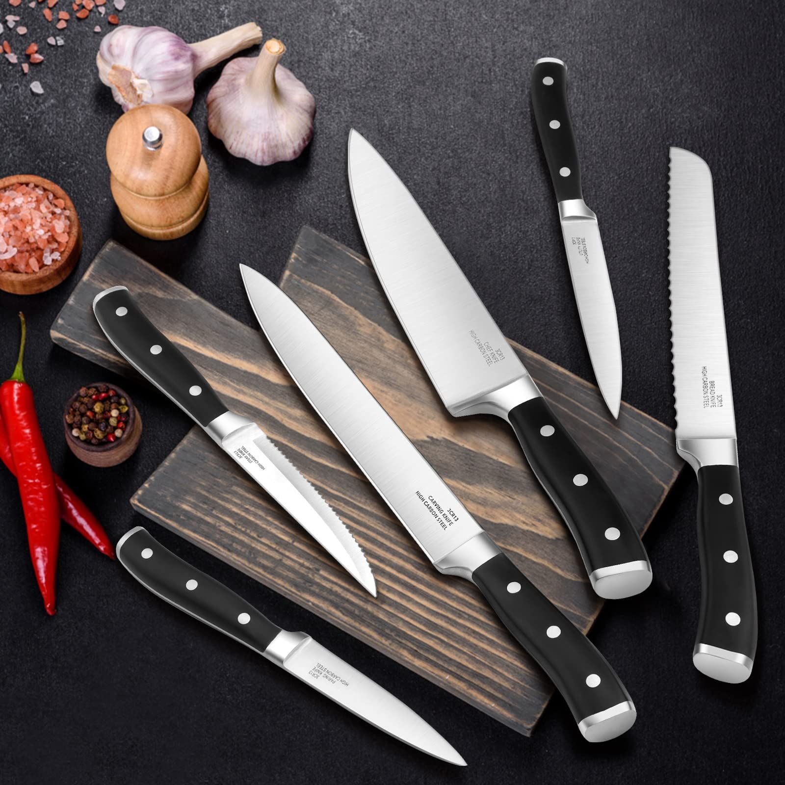 Vesteel Kitchen Knife Set with Block, 16-Piece High Carbon Stainless Steel Knife Block Set Includes Chef Utility Paring Steak Serrated Bread Knife
