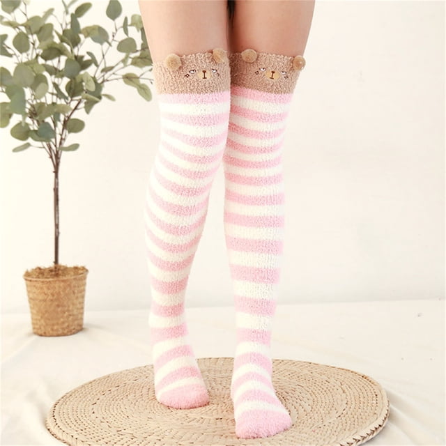 Chaussettes de Sol Chaudes pour Femmes en Molleton Corail Épaissi à Rayures Dessin Animé 2 Pcs Bas Bas Bas de compression Rose