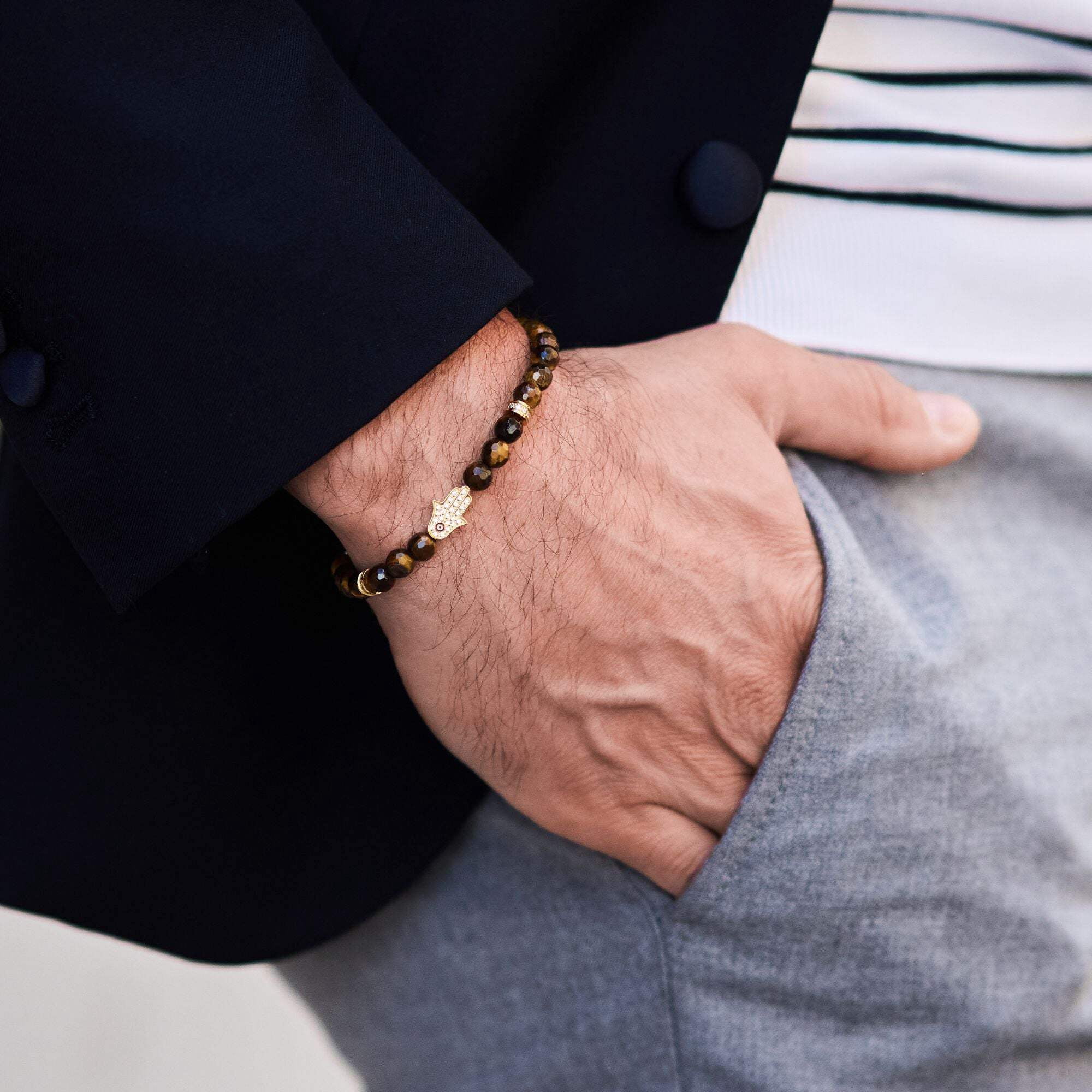 Men's TIGER EYE Bracelet with Golden HAMSA Hand | Gift for Men | One Size Fits All | 100% Natural | Gemstone Adjustable Bracelet