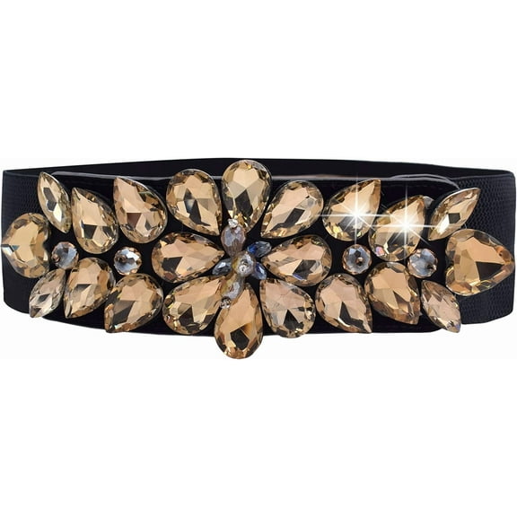 Zhengup Women Girls Waist Belt Big Rhinestone Studded Buckle Adjustable Elastic Stretched