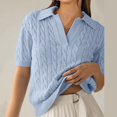 thumbnail image 2 of TTUHYWXI Women's Cable Short Sleeve Sweaters Tops Solid Lapel V Neck Knit Casual Soft Pullover Shirt (Blue, M), 2 of 9