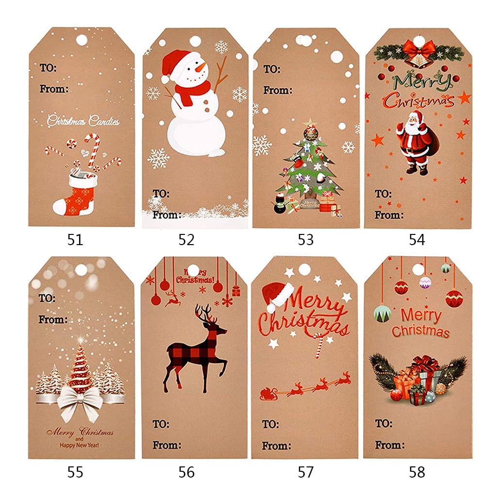 HESHENG 50 Pieces Christmas Kraft Paper Gift Tags Snowman Santa Scallop  Label Luggage Blank + Strings Set for DIY Craft Name Card 