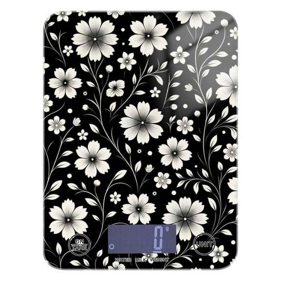 Retro White and Black Flowers Food Scale Digital Kitchen Scale Waterproof Grams Ounces lbs for Weight Loss