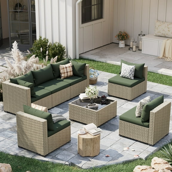 POTEBAN 7 Pieces Outdoor Patio Furniture Set, Grey Rattan Wicker Outdoor Conversation Sectional Sofa Set with Cushions for Backyard, Green