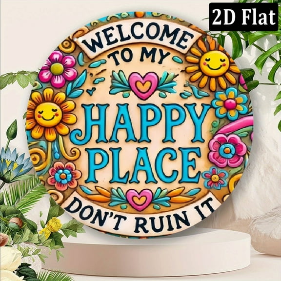 2D Flat, 2D Flat 1pc, Front Door Decoration Circle Welcome to My Happy Place Don't Ruin It Theme Wooden Logo Wooden Circle Decoration Gift, for Female Male Friends Vintage Hanging Signs for Home Wall