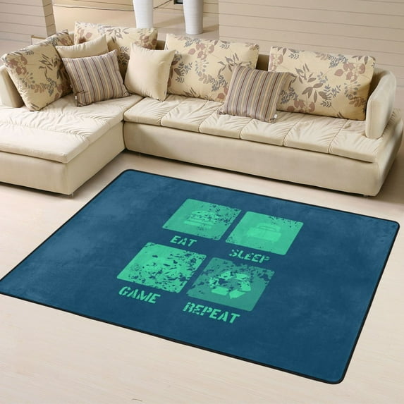 DouZhe Game Lovers Eat Sleep Game Repeat Pattern Area Rugs Non-Slip Machine Washable Floor Mat, Eat Sleep Game Repeat Icon Color Block Style Carpet Doormat, 63x48 inches