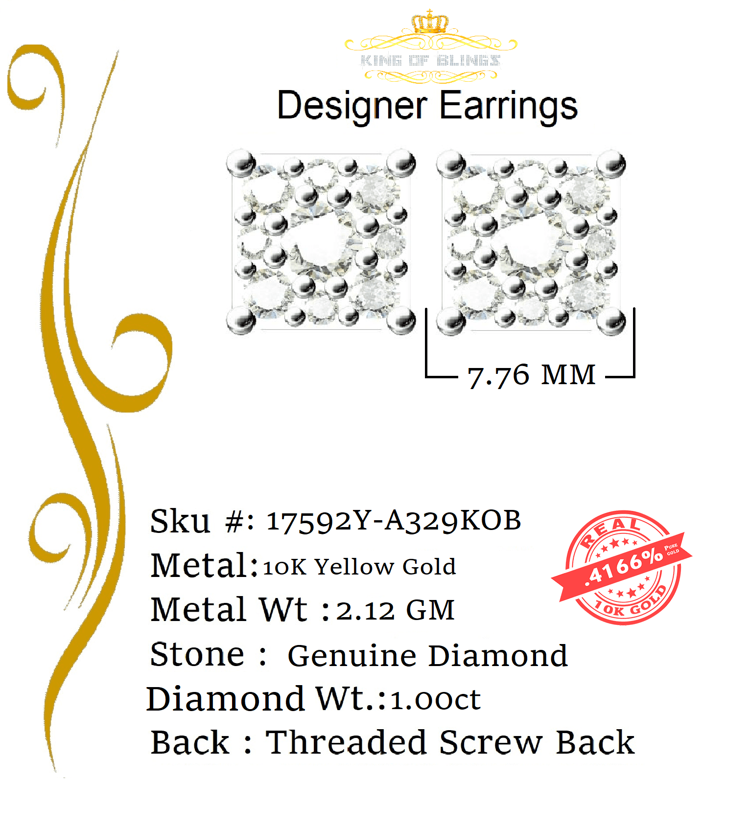 King of Bling's 10K Real Yellow Gold with 1.00CT Real Diamond Men's/Women's Stud Square Earrings