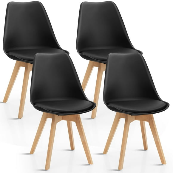 Costway Set of 4 Dining Chair Mid Century Modern Shell PU Seat w/ Wood-Leg Black