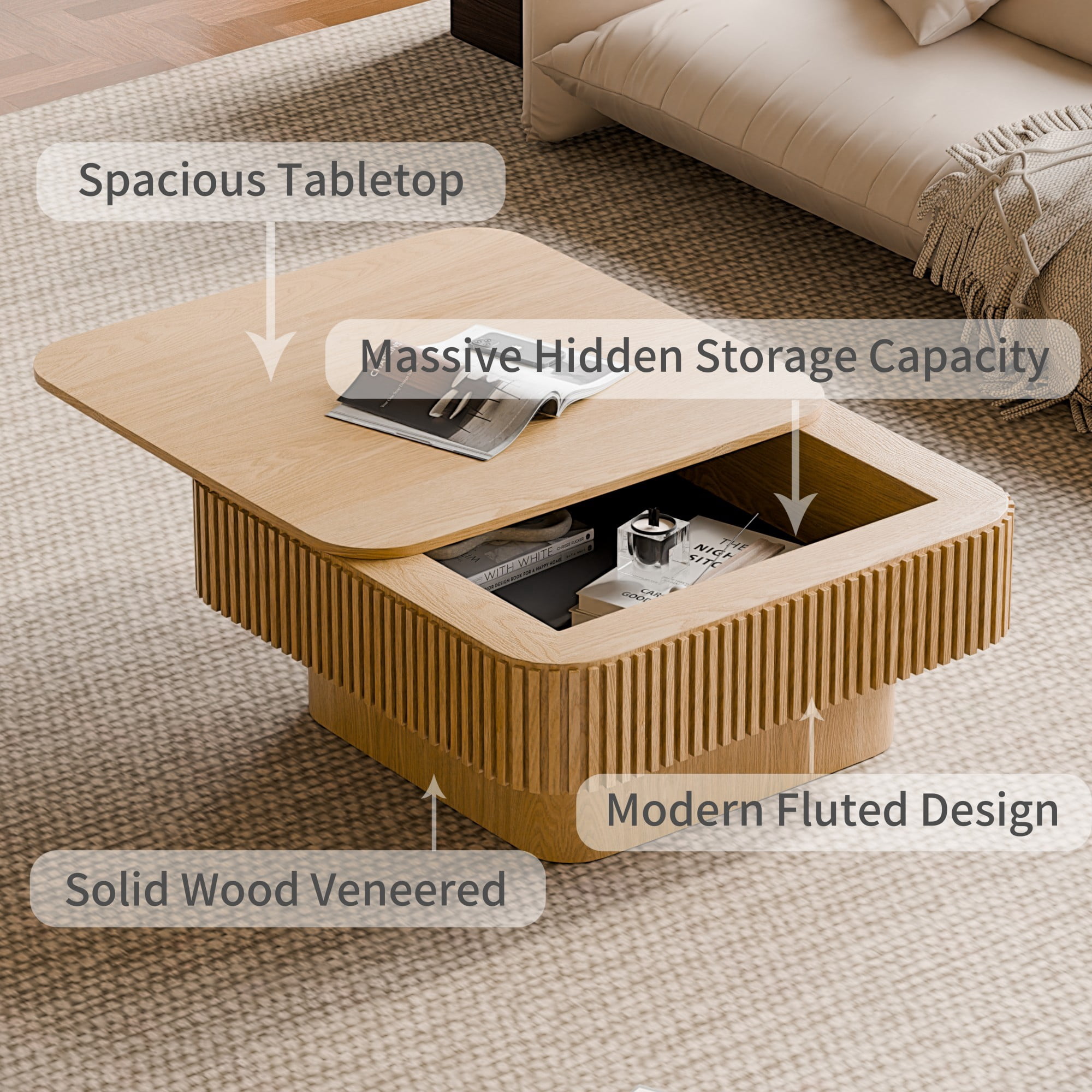 31.5" Square Coffee Table with Storage, Modern Fluted Coffee Table with Hidden Compartment, Wood Veneer Center Table for Living Room, Natural