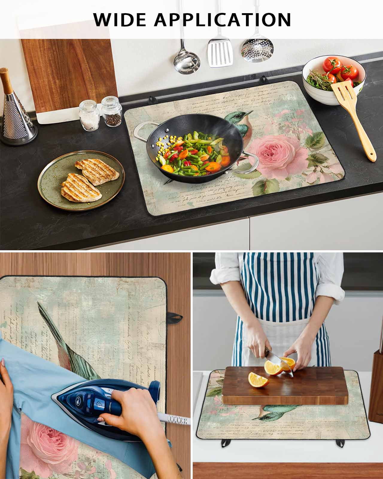 nqOlkjepod Large Induction Cooktop Protector Mat 36"x21", Spring Pink Flower Stove Top Covers for Electric Stove, Green Bird Country Retro Mottled Stove Burner Cover Mats, Glass Top Stove Cover