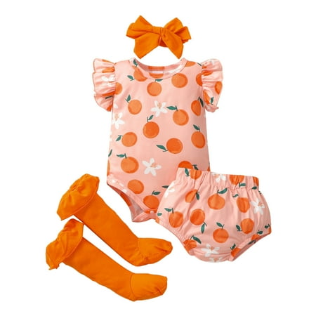 

Infant Girls Fly Sleeve Cartoon Floral Printed Romper Bodysuit Shorts Shorts Stockings Headband 4PCS Outfits Clothes Set Child Leisure Outwear