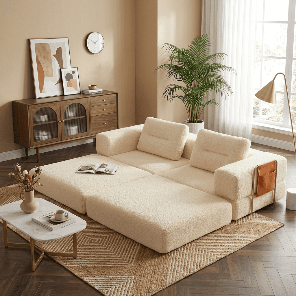 Pinmoco 81.5" Convertible Sofa Bed, Modular Sectional Sleeper Sofa for Living Room, Foldable Couch Bed with Pillows and Storage, No Assembly Required, Teddy Fleece Beige