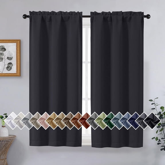 Black Short Blackout Curtains for Bedroom 45 Inches Long 2 Panels Set, Solid Thermal Insulated Blackout Curtains, Energy Saving Soft Fabric Window Drapes, Dual Rod Pocket, 2x40Wx45L Inches