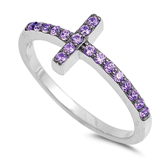 Sideway Cross Simulated Amethyst Cubic Zirconia Ring Sterling Silver 925