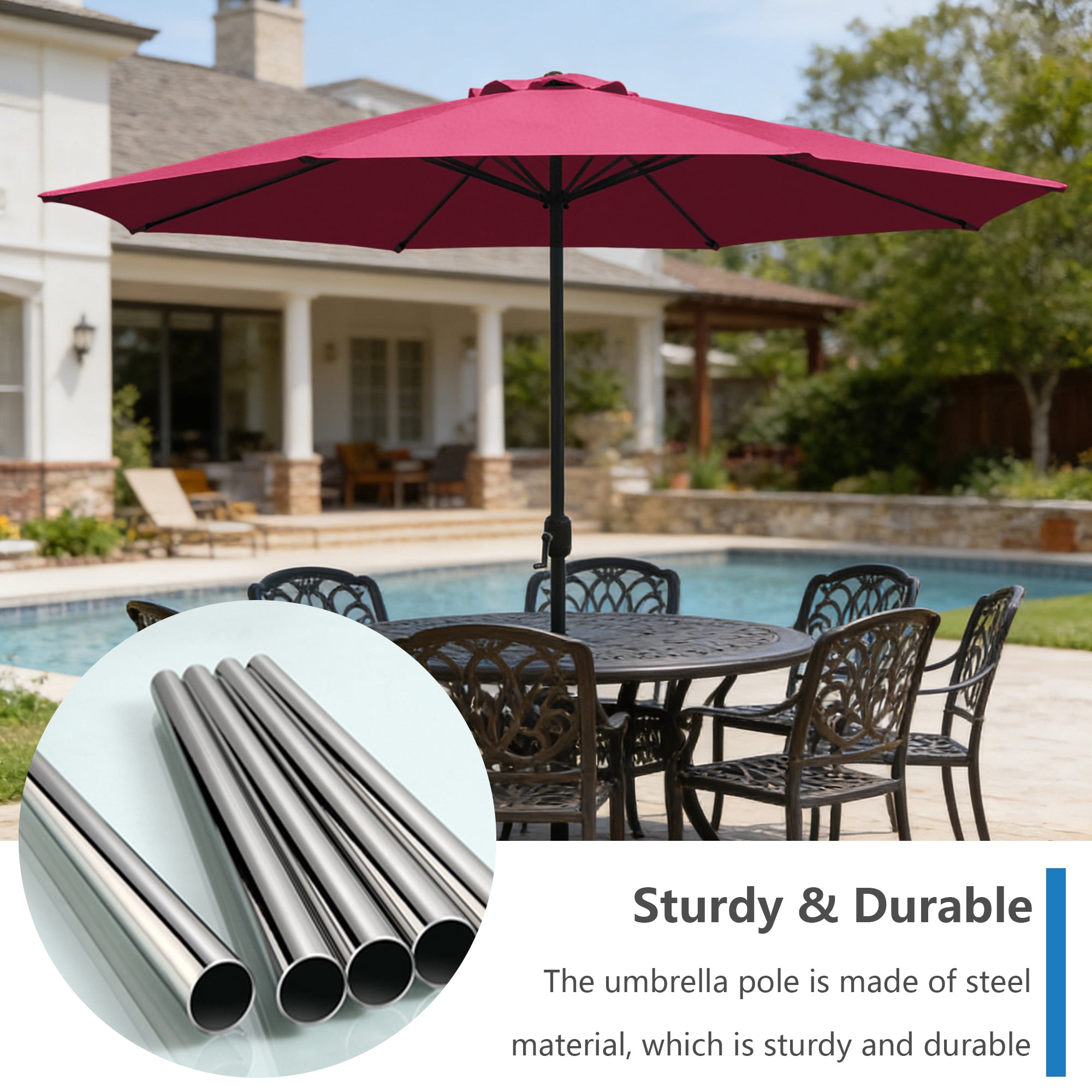 Abble 11FT Outdoor Patio Umbrella with Crank Handle, Market Umbrella with 8 Sturdy Umbrella Ribs, Waterproof for Garden Deck Backyard Pool, Burgundy