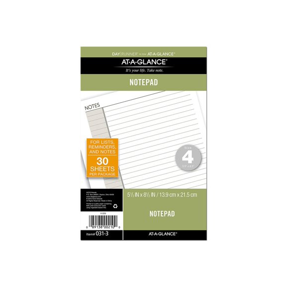 Day Runner Size 4 - Notepad - 5.5 in x 8.5 in - 30 sheets / 60 pages - white - ruled - 7 holes