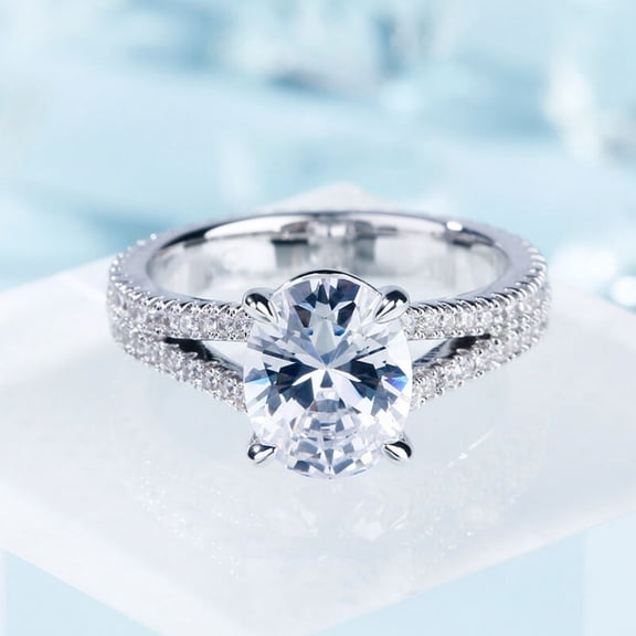 Bow Jewelry 14K White Gold Plated Wedding Rising Ring - Women's Jewelry - Oval 1.97 Ct White Moissanite Ring - Engagement Split Shank Ring - Anniversary Gifts for Wife