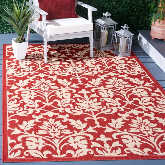 SAFAVIEH Courtyard Yvette Floral Indoor/Outdoor Area Rug, Red/Natural, 7'10" x 7'10" Square