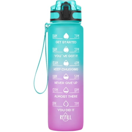 GEDUX 32oz Motivational Water Bottle with Time Marker BPA Free Tritan Reusable Sports Bottle, Leak Proof & One-Click Open Lid, Wide Mouth with Carry Strap for Gym Travel Running