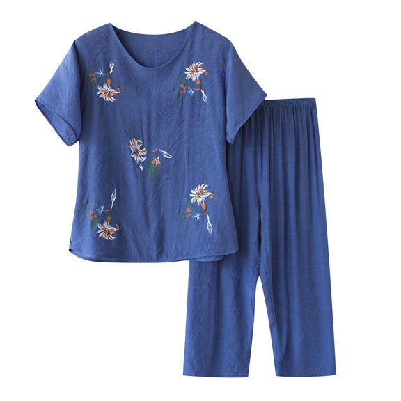 Lovskoo Cotton Linen Set for Women Summer Casual Printed Short Sleeve Round Neck Top Pants Suit Thin Weared Outer Home Tracksuit Outfit Sets Blue