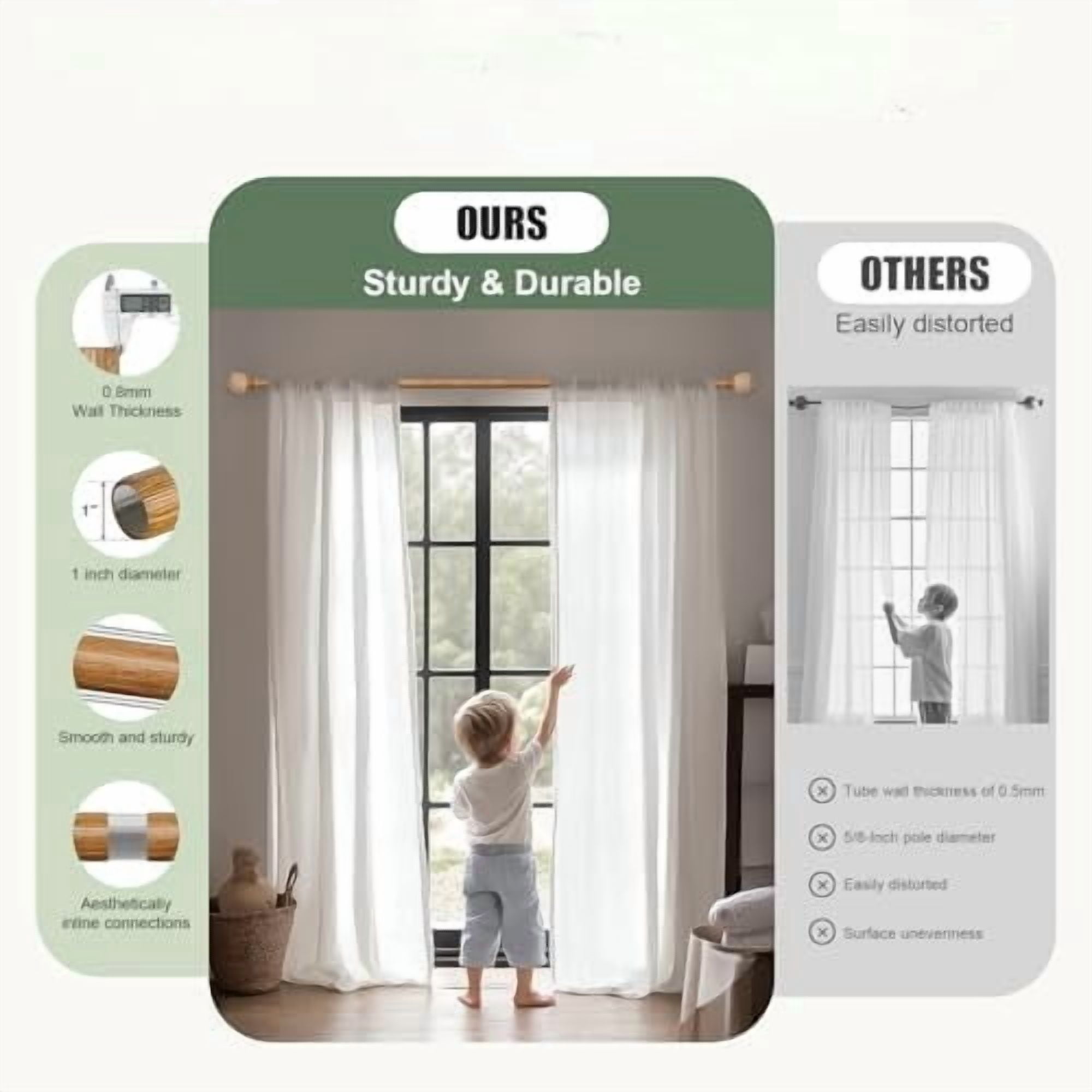 Wood Curtain Rods for Windows 28 to 48 Inch,1'' Diameter Drapery Rods with Imitation Wood Grain Leaf Pattern Finials,Boho Adjustable Heavy Duty Curtain Rods Set,18-60'',Color:Natural Wood