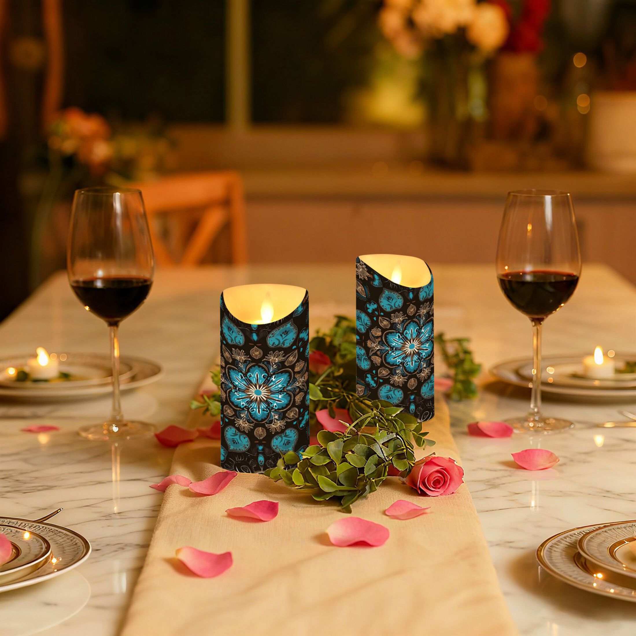 Wobogo Turquoise Mandalas Flameless Candles with Remote Battery Operated Flickering LED Candles with Timer 2/4/6/8H Medium Size