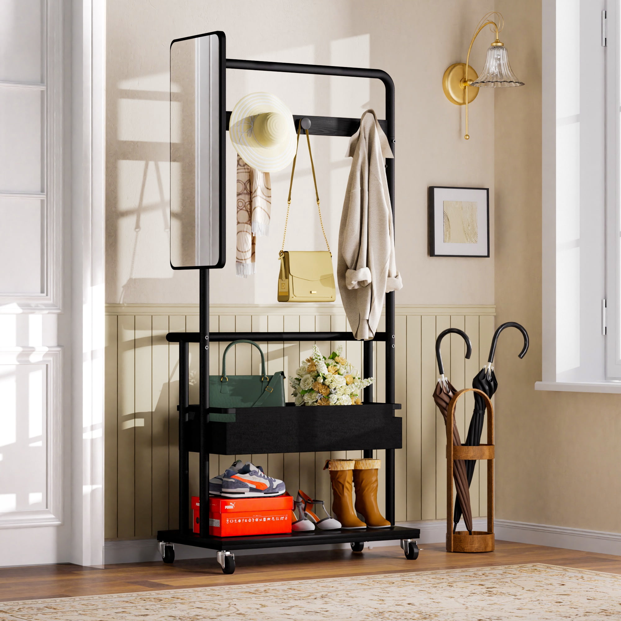 Sturdy metal coat rack with casters, 3-in-1 design, includes a basket and mirror, hanging coat rack, mobile coat rack with casters, large storage capacity, Black, 27.6″L x15.7"W x 67.0"H