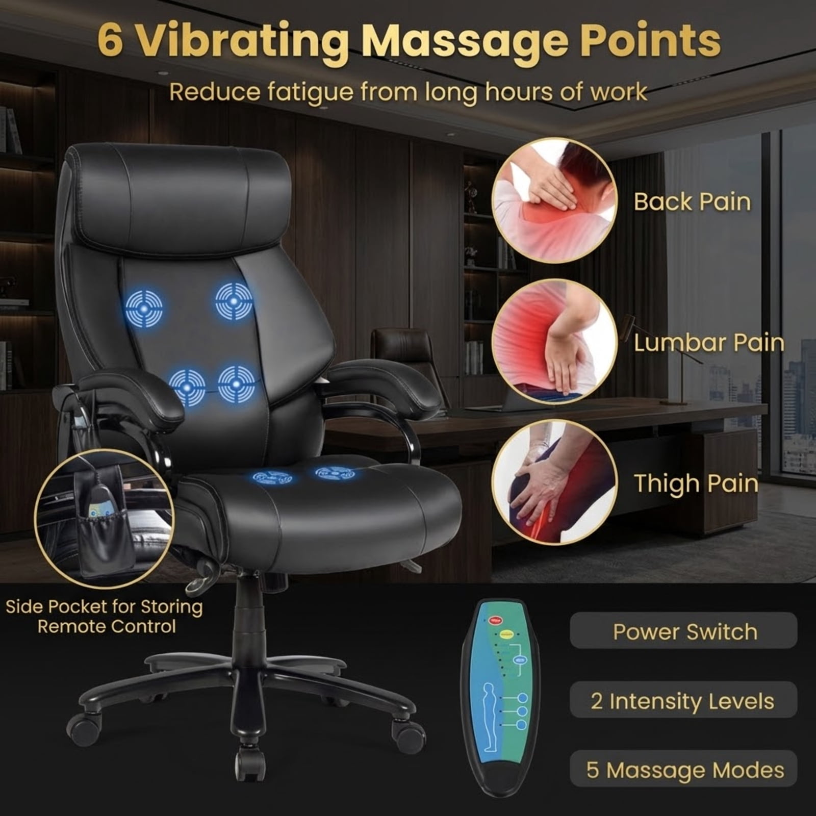 Furnibear Massage Office Chair High Back Big and Tall Executive Chair with Heat Lumbar Support Padded Armrests Ergonomic Computer Desk Chair, Black