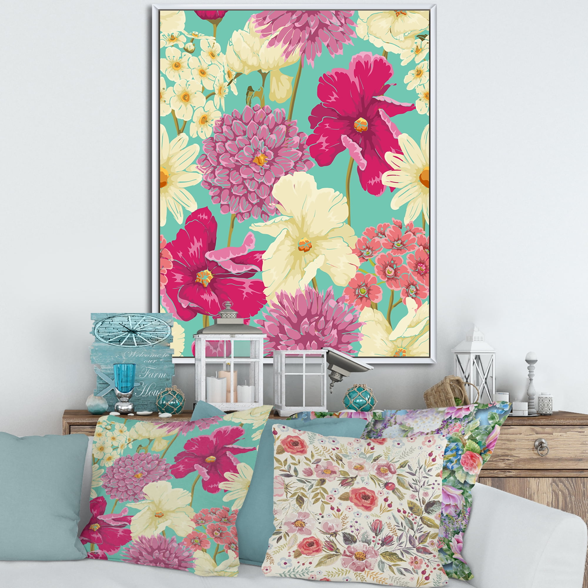 Designart 'Vintage Yellow and Pink Flowers' Traditional Framed Canvas Wall Art Print