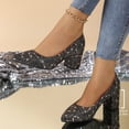 thumbnail image 5 of Sparkly Heels for Women Summer Shoes Womens Wedges Women's Sparkling Glitter Chunky Heel Closed Toe Pumps Comfortable Mid Block Heel Slip-on Classic Party Dress Shoes 3 Inch Pumps Dark Gray 5, 5 of 5