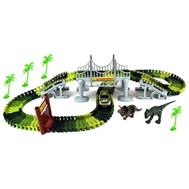 Dinosaur World Bridge Create A Road 142 Piece Toy Car & Flexible Track Playset w/ Toy Cars, 2 Dinosaurs