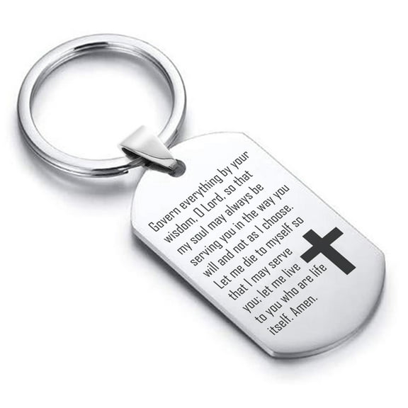 Stainless Steel Let Me Serve You Prayer Dog Tag Keychain Circle Ring