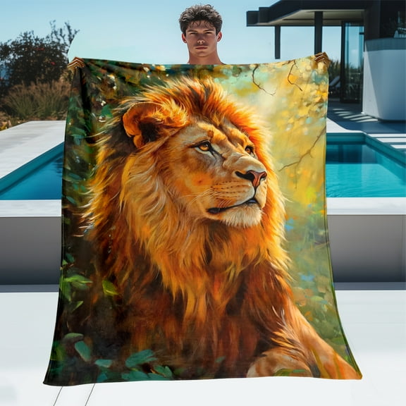 1pc Majestic Lion Print Fleece Blanket - Soft Polyester Knit Fabric, Versatile Indoor/Outdoor Throw for Travel, Camping, Sofa, Bed - Cozy Digital Print Flannel Gift for Home Decor