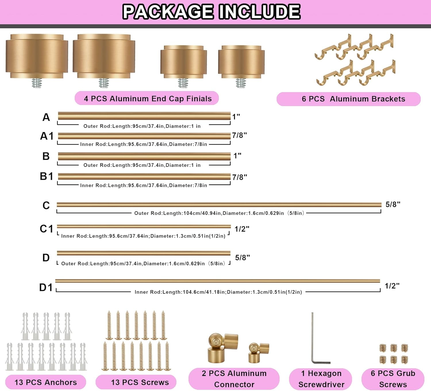 Warm Gold Double Corner Window Curtain Rods with Aluminum End Cap Finials and Brackets,1 Inch Diameter Dual Bay Window Curtain Rods, Adjustable 2 Sided 20-36" and 36-72" Center Double Rod