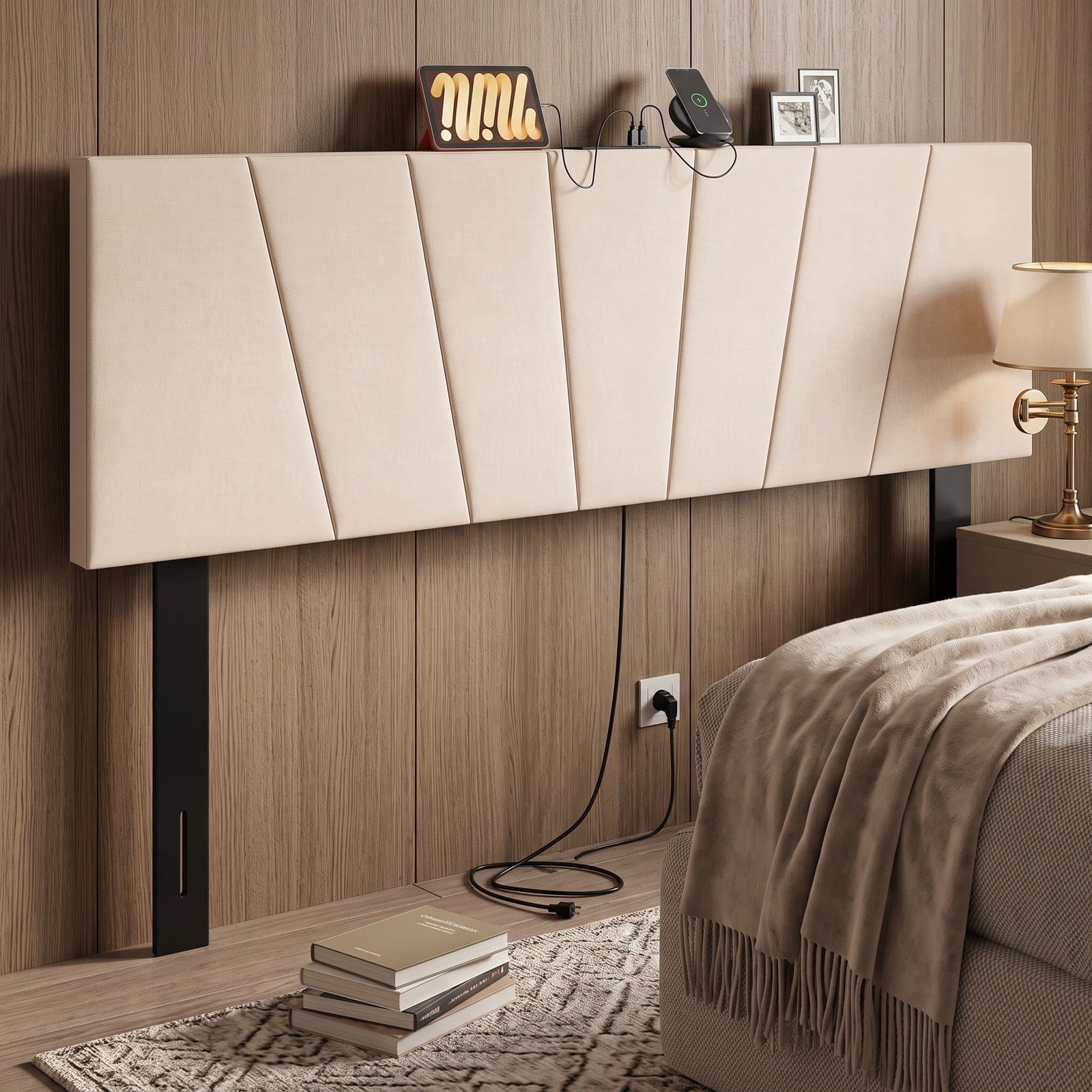 Furnibear Geometric Channel Upholstered Headboard with 2 AC Outlets and USB and Type-C Charging Ports for Full and Queen Size Beds, Beige
