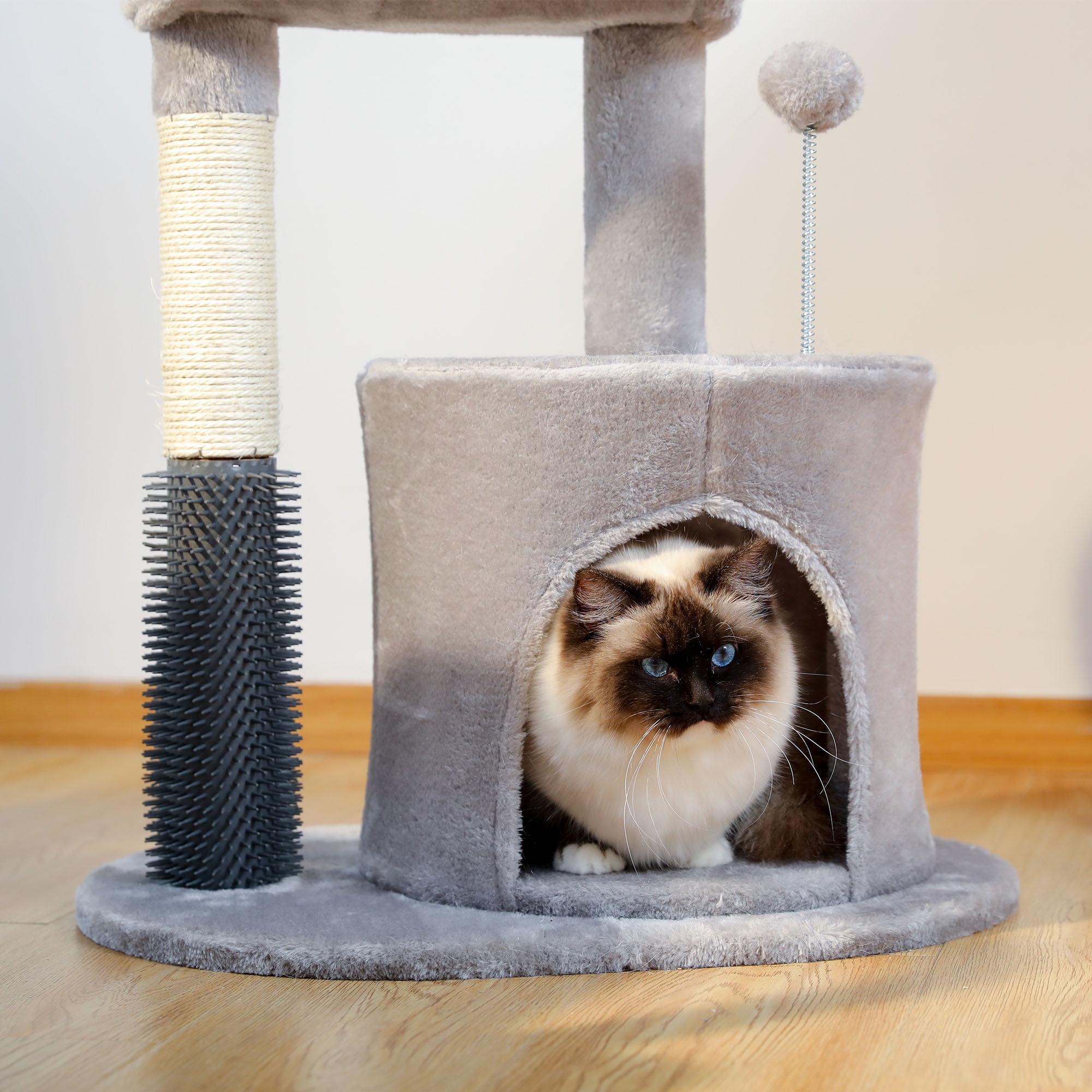 Kadyn 32.7" Cat Tree Tower for Indoor with Self Groomer Brush, Sisal Scratching Post, Dangling Ball for Small, Medium Cats, Gray