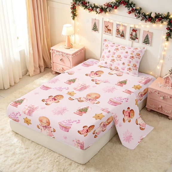 Erosebridal Gingerbread Snowflake Twin Sheets, Merry Christmas Bedding, Pink, Pink Reversible, 3 Pieces, 1 Flat Sheet, 1 Fitted Sheet and 1 Pillowcase