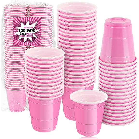100 Pcs 2 oz Plastic Pink Shot Glasses - Disposable Party Cups for Jello Shots, Bachelorette and Birthday Parties - Mini Tasting Serving Shot Cups